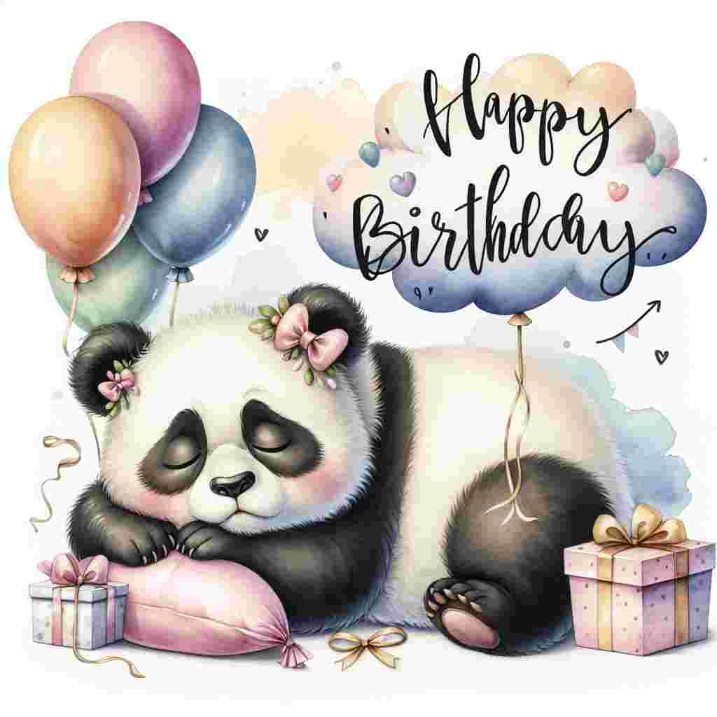 A warm, watercolor-style depiction of a sleepy panda surrounded by pastel balloons and presents, with one balloon cheekily deflated, and playful script text 'Happy Birthday' floating like a cloud above, alluding to a lighthearted, rude interruption to the tranquility.
Generated with these themes: rude  .
Made with ❤️ by AI.