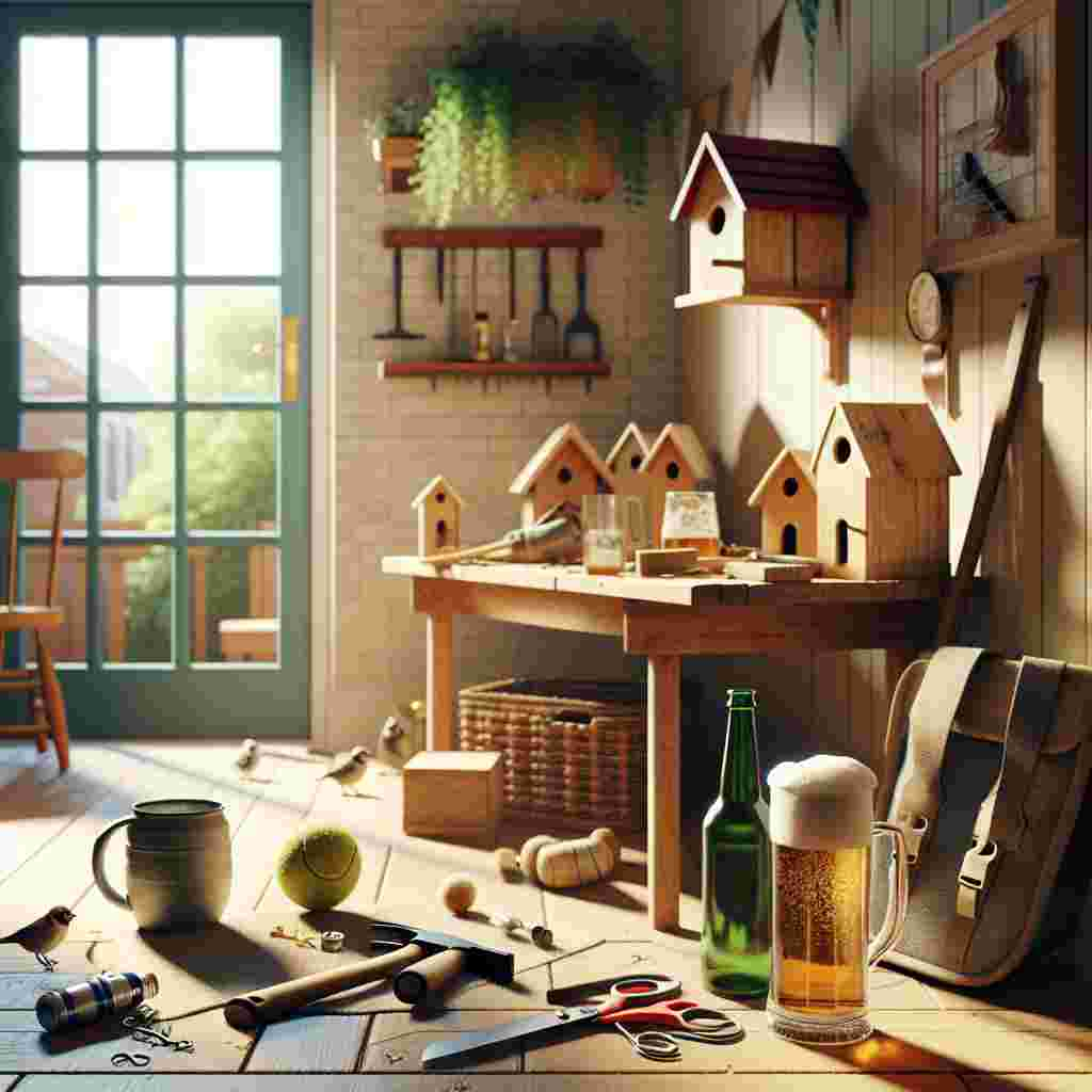 Imagine a cozy and warm living room on a sunny Father's Day. Display a well-used workbench scattered with woodworking tools and half-completed birdhouses, a sign of the father's passion for crafting. An empty beer bottle is next to a full, frothy mug, representing a moment of respite. By the entrance, a dog leash and a worn tennis ball imply habitual walks with a cherished dog. The smell of a roast dinner permeating from the neighboring kitchen suggests a family gathering celebrating Father's Day.
Generated with these themes: Making things, Drinking beer, Walking the dog, and Roast dinner.
Made with ❤️ by AI.