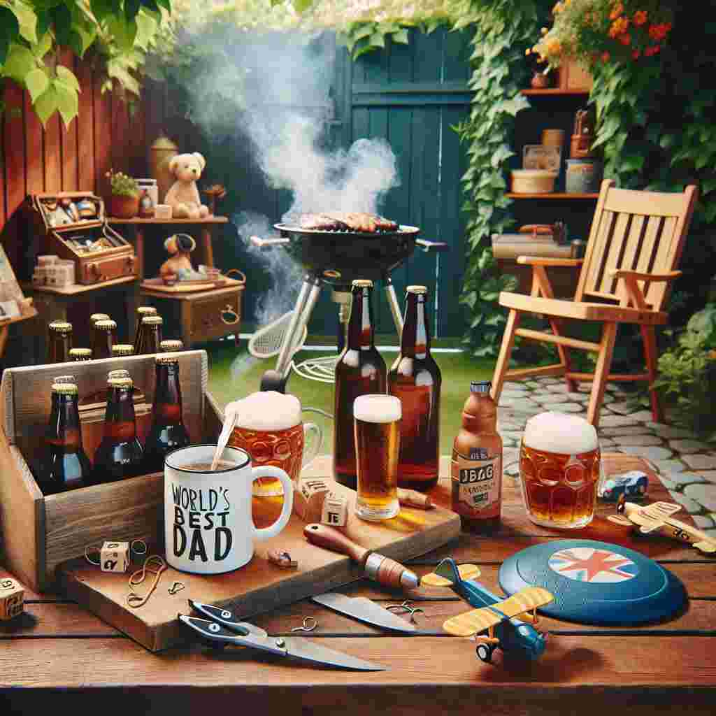 Imagine a warm and delightful Father's Day scene unfolding in a quaint backyard. A carefully crafted wooden table takes center stage, showcasing a 'World's Best Dad' mug next to an assortment of craft beer bottles. Not too far, a set of cherished DIY tools lie next to a model airplane, symbolizing a father's love for creation and repair. The family dog's leash and frisbee lay nearby, hinting at an enjoyable afternoon walk that's ahead. Curling smoke wafts from a grill located in a corner, where a juicy roast dinner cooks patiently, encased by lush, vibrant foliage.
Generated with these themes: Making things, Drinking beer, Walking the dog, and Roast dinner.
Made with ❤️ by AI.