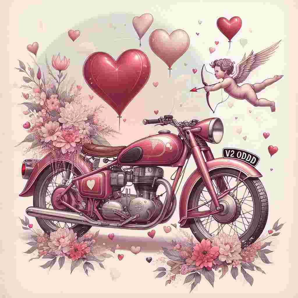 Create a whimsical Valentine's Day illustration featuring a pastel-colored scene with floating hearts and delicate flowers. At the heart of this romantic tableau is a classic motorbike, a universal symbol of freedom, painted in soft shades of crimson and blush, capturing the spirit of love. The motorbike is adorned with an eye-catching registration number 'V2 ODD' on a Cupid-inspired license plate, artistically merging the themes of Valentine's Day with the thrill of adventure and the open road.
Generated with these themes: Harley Davidson motor bike, and Registration V2 ODD.
Made with ❤️ by AI.