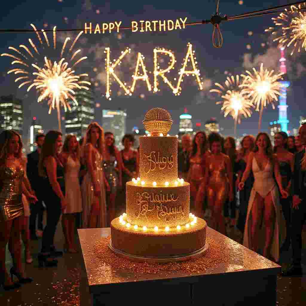 In the heart of a bustling city, the scene is set on a rooftop terrace adorned with twinkling fairy lights that cast a warm glow over a lively birthday party. Center stage is a grand, three-tiered birthday cake shaped like a giant, glittering microphone, with the words "Happy Birthday Kara" elegantly written in gold icing. Surrounding the cake are various guests dressed in dazzling costumes inspired by iconic Beyonce outfits—think leotards, bodysuits, and dazzling sequined gowns. 

Beyonce herself, in a stunning gold dress, is performing on a small stage at one end of the terrace, holding a microphone with "Kara" encrusted in sparkling jewels. A DJ booth off to the side is manned by a DJ wearing a hat with "Queen Bey's DJ" written on it, spinning classic Beyonce tracks that have everyone dancing.

Above, the night sky is dotted with fireworks, and in the midst of the dazzling display, "Happy Birthday Kara" is written in sparkling pyrotechnics, creating a magical backdrop. The cityscape in the background is filled with towering skyscrapers, each lit up with bright colors that add to the festive atmosphere.

A large banner stretched across the rooftop reads, "Slay All Day, Kara!" in bold, glittery letters, and there are life-sized cardboard cutouts of Beyonce's various music video looks placed around the terrace for guests to take photos with. Confetti cannons intermittently shoot out bursts of golden confetti, adding to the joyous celebration. This detailed and vibrant scene captures the essence of a spectacular birthday party, complete with the star power of Beyonce, all in honor of Kara.
Generated with these themes: Beyonce.
Made with ❤️ by AI.