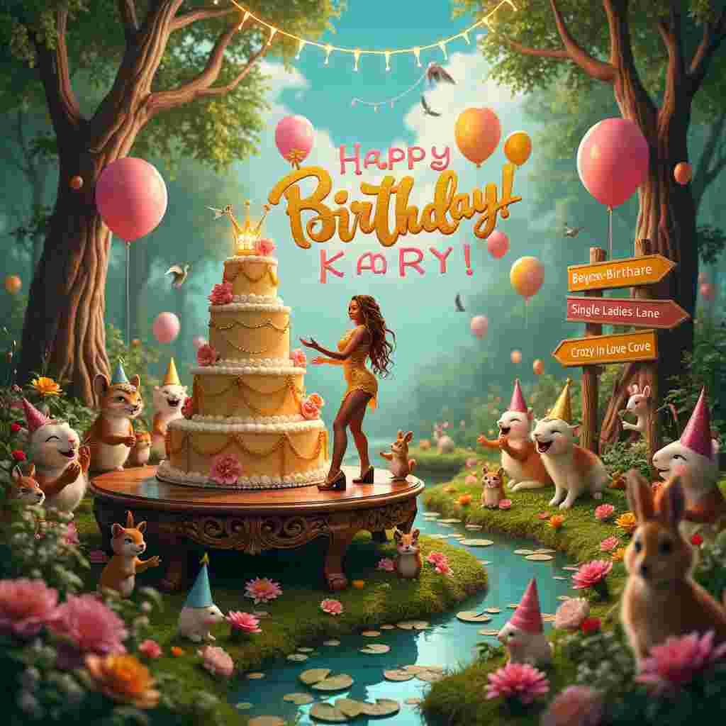 The scene depicts a fantastical birthday celebration in a lush, enchanted forest where Beyoncé herself is the queen of the festivities. At the center of the scene is a grand, multi-tiered birthday cake, intricately decorated with edible golden microphones and tiny fondant figures of Beyoncé in her iconic outfits. The cake sits on a large, ornately carved wooden table surrounded by an assortment of colorful forest creatures, such as rabbits, squirrels, and deer, all wearing tiny party hats. 

Beyoncé stands next to the cake, mid-dance move, with a big smile on her face and a microphone in hand, as if she’s just finished singing "Happy Birthday" to Kara. Her outfit is a dazzling golden gown, adorned with sparkling jewels and feathers, capturing her essence perfectly. Surrounding her are beaming party guests, including magical fairies and gnomes, all clapping and cheering.

Overhead, large, vibrant balloons spell out "Happy Birthday Kara!" in bold, glittering letters, floating amongst fluffy white clouds. To the right of Beyoncé, there is a whimsical signpost with arrows pointing in various directions, each labeled with Beyoncé song titles like "Single Ladies Lane" and "Crazy in Love Cove". 

In the background, the forest is alive with twinkling fairy lights hanging from the trees, and the foliage is lush and green, with wildflowers in a rainbow of colors adding to the magical atmosphere. Off to one side, a small, sparkling brook runs through the scene, with lily pads and small fish visible in the clear water. 

The sky above is a brilliant azure, with a golden sun casting a warm glow over the entire scene, and a few birds can be seen flying by, adding to the sense of celebration and joy. The whole image bursts with vibrant colors, whimsical details, and a touch of Beyoncé's unmistakable glamor, creating a truly unique and memorable birthday greeting for Kara.
Generated with these themes: Beyonce.
Made with ❤️ by AI.