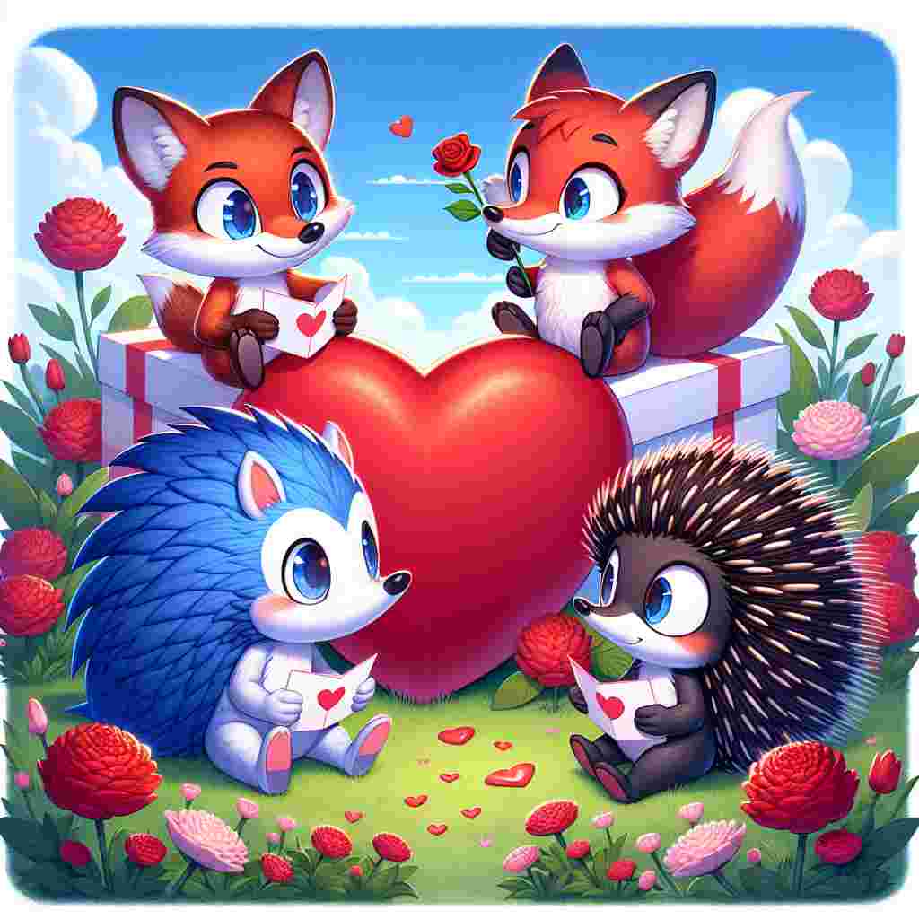 Create a charming Valentine’s Day illustration featuring four speedy, anthropomorphic characters with characteristics borrowed from a hedgehog, a fox, an echidna and a black hedgehog. They are gathered around a giant heart-shaped box of chocolates in a lush, grassy meadow with red and pink flowers. The blue hedgehog and the two-tailed fox are exchanging cute cards, while the red echidna shyly hides a bouquet behind his back, and the black hedgehog stands apart with a small, soft smile, holding a single rose. The backdrop is a clear blue sky with fluffy clouds forming subtle heart shapes, enhancing the festive atmosphere.
Generated with these themes: Sonic sega, Tails sega, Knuckles sega, and Shadow sega.
Made with ❤️ by AI.