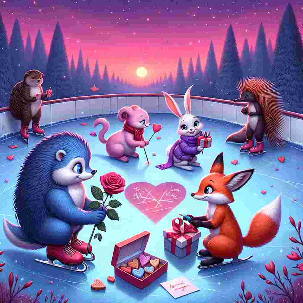 An enchanting winter scene unfolds on a heart-shaped ice rink during twilight. Here, a blue anthropomorphic hedgehog presents a crimson rose to a pink anthropomorphic hedgehog, while an orange flying fox timidly proffers a box of heart-shaped cookies to a rabbit with two long ears. A red echidna skillfully etches a heart with a name into the frosty rink. A black and red hedgehog-like figure observes from the periphery, supported by his skates whilst holding a romantic card. The sky above is a spectrum of rosy pink and lavender, flecked with tiny sparkling stars.
Generated with these themes: Sonic sega, Tails sega, Knuckles sega, and Shadow sega.
Made with ❤️ by AI.