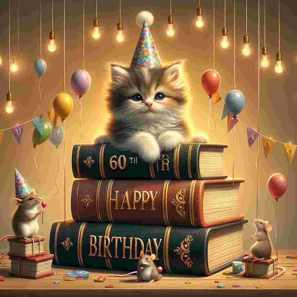 A cheerful scene depicts a kitten with a party hat perching on a pile of books with '60th' embossed on the spines. A mouse with a tiny balloon joins it, and overhead, 'Happy Birthday' is spelled out with string lights.
Generated with these themes: 60th  .
Made with ❤️ by AI.
