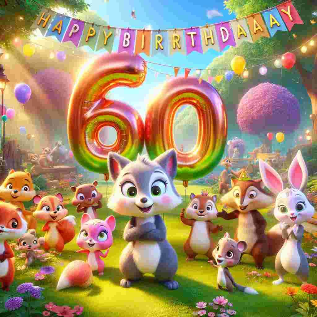 An adorable group of cartoon woodland creatures gather around a big '60th' shaped balloon, with a banner overhead that reads 'Happy Birthday'. The background is a sunny forest clearing with flowers and colorful decorations.
Generated with these themes: 60th  .
Made with ❤️ by AI.