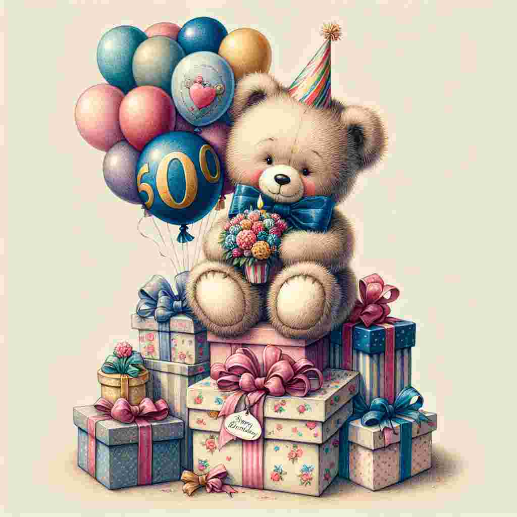 A cute illustration of a vintage teddy bear holding a bouquet of balloons shaped as the number '60'. The teddy bear sits atop a mountain of gifts with a 'Happy Birthday' tag tied to one of the presents.
Generated with these themes: 60th  .
Made with ❤️ by AI.