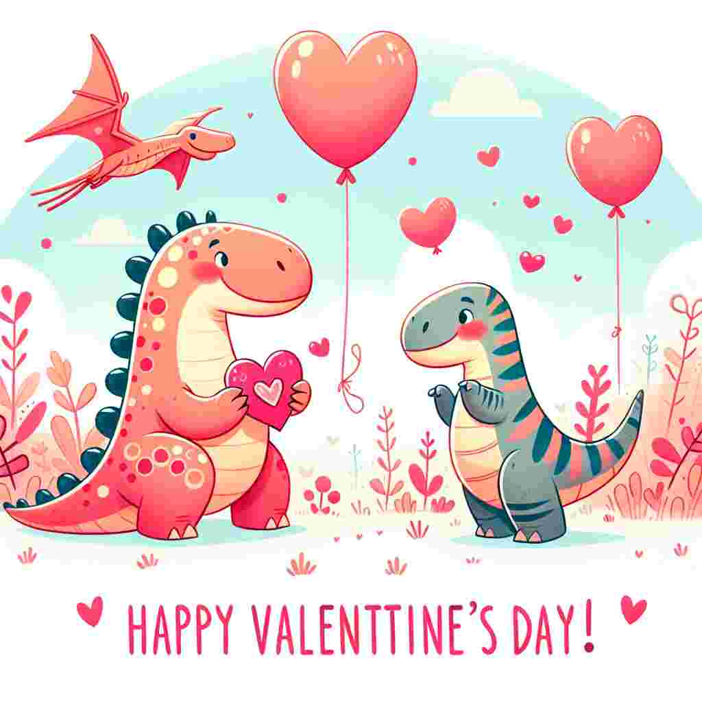 Create a playful Valentine's Day image featuring two cartoonish dinosaurs in a landscape filled with heart-shaped balloons. One dinosaur, who is noticeably larger and covered in polka dots, is giving a heart-shaped card to the other dinosaur. This smaller, striped dinosaur appears delighted and slightly blushing at receiving the card. Above them, a pterodactyl circles in the sky, carrying a banner with the message 'Happy Valentine's Day!'
Generated with these themes: dinosaur.
Made with ❤️ by AI.