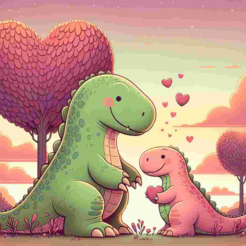 Create a whimsical illustration themed around Valentine's Day with two affectionate dinosaurs in the foreground. The larger dinosaur should be portrayed with soft green scales as it gently nuzzles the smaller dinosaur, which is colored pink. They are situated under a heart-shaped tree, hinting at the theme of romance. Tiny hearts are scattered around the dinosaurs, appearing to float upwards. The setting is during sunset with the sky showcasing warm, pastel hues for a romantic ambiance.
Generated with these themes: dinosaur.
Made with ❤️ by AI.