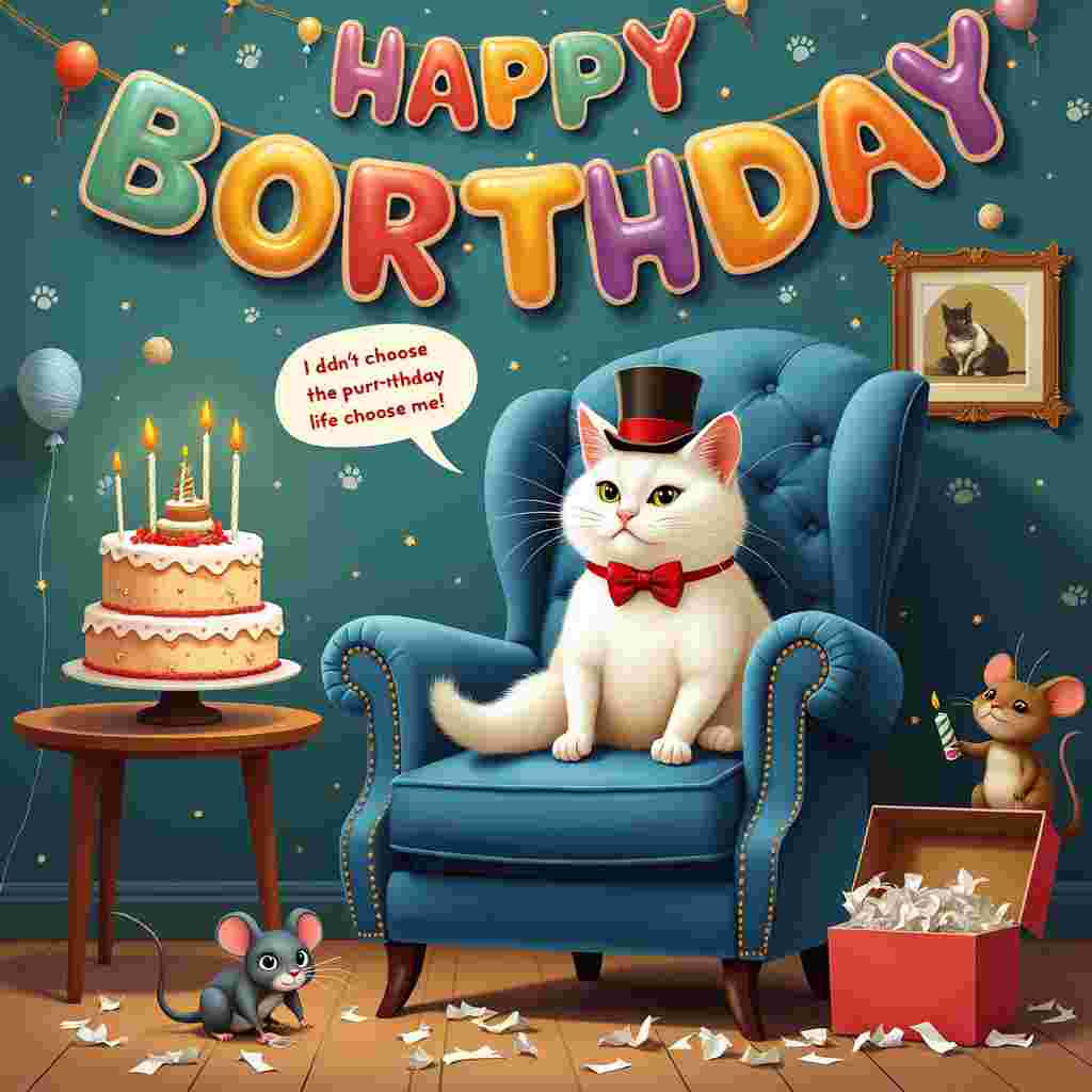 On the front cover of the birthday greeting card, imagine a vibrant, whimsical living room, where an extravagant birthday party is taking place. The central figure is a white Siamese cat named Sir Purrington, perched regally on a cushy velvet armchair that is vividly upholstered in royal blue fabric. Sir Purrington sports a tiny, dapper top hat and a bright red bow tie, looking both sophisticated and mischievous.

Behind Sir Purrington, there is a large banner strung up on the wall with colorful, balloon-shaped letters spelling out "HAPPY BIRTHDAY." The letters appear to be slightly askew, as if the cat may have had a paw in hanging them. On the floor to the right of Sir Purrington, an open gift box reveals an explosion of tissue paper and catnip toys scattered about. 

To the left, there's a multi-tiered birthday cake precariously balanced on a small coffee table. The cake is decorated with paw prints and topped with a miniature Sir Purrington figurine, complete with a top hat and bow tie. The cake has candles shaped like little fishbones, lit and casting a warm glow.

Above Sir Purrington’s head, a speech bubble whimsically announces, "I didn’t choose the purr-thday life, the purr-thday life chose me!" Near the bottom of the card, a mouse party guest is peeking out from behind the leg of the armchair, holding a tiny wrapped gift in its paws, nervously looking around.

In the background, the wallpaper is adorned with patterns of tiny yarn balls and mice, and a couple of balloons are floating near the ceiling. There is also a framed picture on the wall showing Sir Purrington as a kitten, adding a sentimental touch. 

All these elements come together to create a charming, humor-filled birthday scene centered around the debonair white Siamese cat, Sir Purrington.
Generated with these themes: White Siamese cat.
Made with ❤️ by AI.