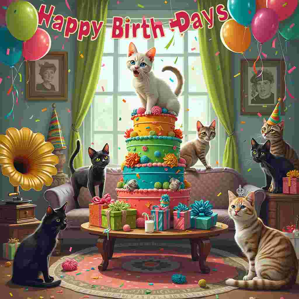 In the whimsical scene depicted on the birthday greeting card, a white Siamese cat named Whiskers is the star of a hilarious and vibrant birthday party. The setting is a cozy, cluttered living room with an explosion of colorful decorations. Streamers in shades of neon green, electric blue, and hot pink hang haphazardly from the ceiling, and a large "Happy Birthday" banner stretches across the back wall, slightly askew. 

Whiskers, the white Siamese cat with striking blue eyes and a mischievous expression, is perched confidently atop a grand, three-tiered birthday cake. The cake itself is a masterpiece, adorned with lavish swirls of frosting in rainbow colors, and dotted with playful, edible cat toys like yarn balls, mice, and feathers. The top of the cake is crowned with a single, enormous candle shaped like a fish, flickering merrily.

In the background, a cluster of balloons in various sizes and colors floats near the ceiling, with a couple of them tied to a small chair covered in a cozy, plaid blanket. A wooden coffee table is almost completely obscured by an array of wrapped presents, each with extravagant bows and tags that suggest they're from Whiskers' many adoring fans. The gifts include items like a giant scratching post, a basket of gourmet cat treats, and a new, plush cat bed.

To the side of the room, a vintage gramophone sits on an antique sideboard, blasting out jaunty birthday tunes, its horn adorned with a party hat. A small crowd of partygoers, including a plump tabby cat in a bow tie and a sleek black cat with a tiara, are gathered around, their eyes wide with amazement at Whiskers' cake-climbing antics.

In one corner, a pile of confetti spills from a recently popped party popper, adding to the chaotic charm of the scene. A humorous touch is a spilled glass of milk on the floor, with a tiny sign next to it that reads "Party Foul" in elegant script. 

Every element of the scene is bursting with detail, from the intricate designs on the gift wrap to the texture of the plush blanket on the chair, creating a vibrant and lively celebration that captures the joy and hilarity of a birthday party with a mischievous, beloved pet at its center.
Generated with these themes: White Siamese cat.
Made with ❤️ by AI.