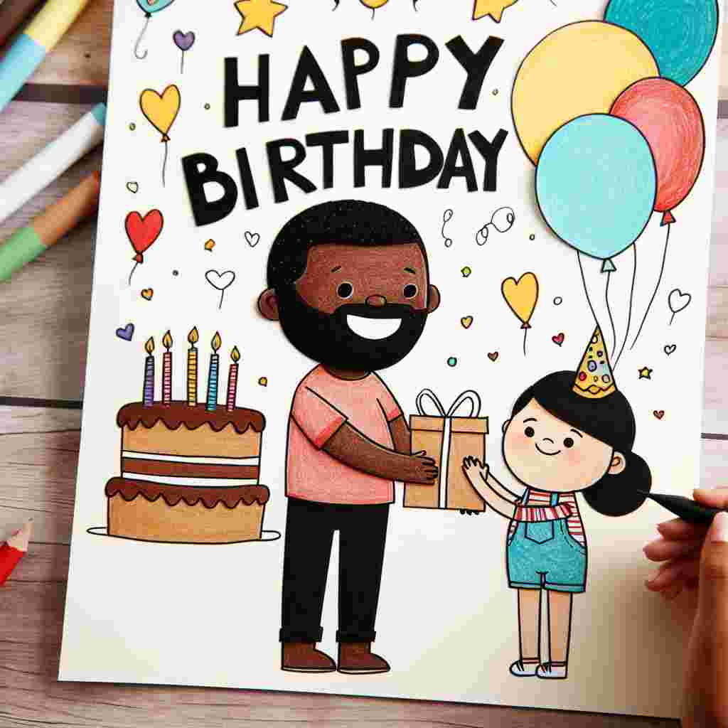 A whimsical drawing features a small child handing a homemade card to their smiling daddy, with 'Happy Birthday' written in a child's scrawl above. Balloons and a birthday cake with candles decorate the background.
Generated with these themes: daddy  .
Made with ❤️ by AI.
