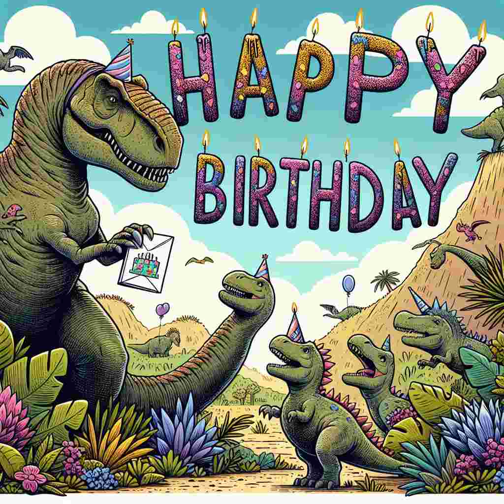 An endearing image of a daddy dinosaur being given a birthday card by his tiny dino offspring. Oversized 'Happy Birthday' letters fill the sky, and colorful prehistoric plants complete the cheerful birthday scene.
Generated with these themes: daddy  .
Made with ❤️ by AI.