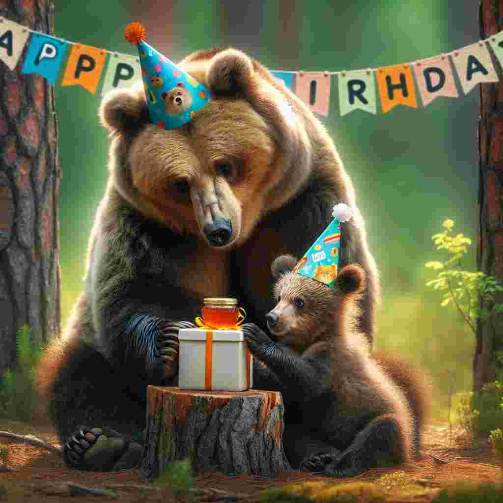 In a heartwarming scene, a daddy bear and a baby bear sit together, a 'Happy Birthday' banner strung up in the trees. The daddy bear wears a party hat and has a birthday gift on his lap, while the baby bear offers a honey jar.
Generated with these themes: daddy  .
Made with ❤️ by AI.