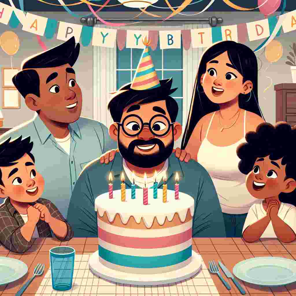 A cartoon of a family gathered around a table, where daddy sits with a birthday hat, getting ready to blow out candles on a massive cake. The walls are adorned with streamers and 'Happy Birthday' flags, adding to the festive atmosphere.
Generated with these themes: daddy  .
Made with ❤️ by AI.