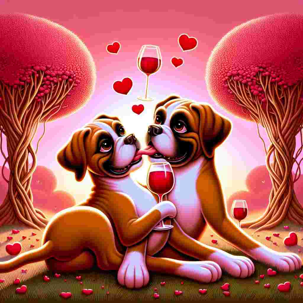 Create an endearing Valentine's Day illustration featuring two boxer dogs playfully entwined. Their tails are enthusiastically wagging and their eyes express genuine adoration for each other. These dogs are comfortably settled in a unique clearing where the trees unmistakably resemble wine glasses. Instead of typical leaves, these trees are decorated with heart shapes. The ambient conception of the setting sun augments the scene with a rosy tint, further emphasizing the warm feelings associated with this day dedicated to the celebration of love.
Generated with these themes: Wine boxer dogs trees.
Made with ❤️ by AI.
