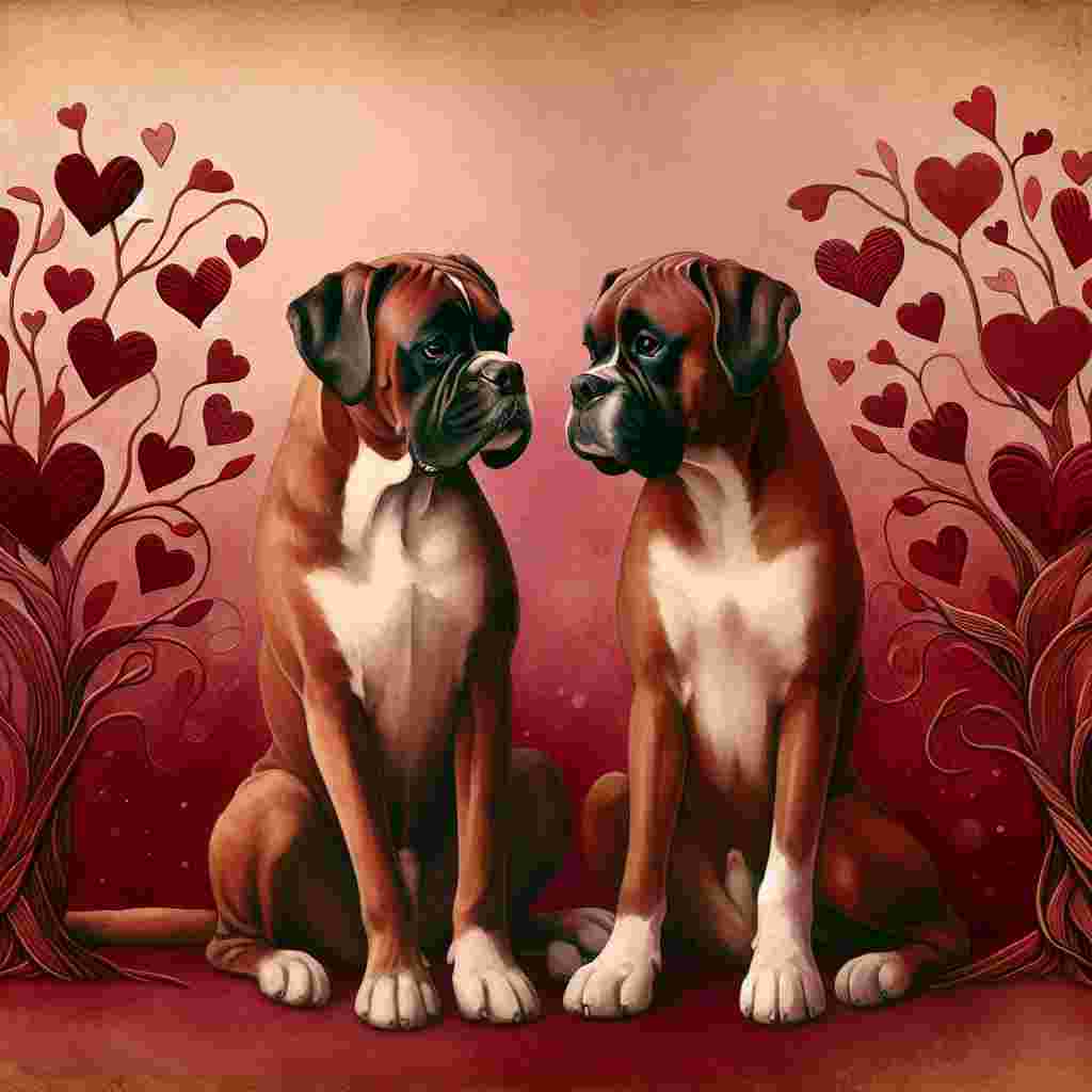 A sentimental illustration in a Valentine's Day theme showcasing two boxer dogs, sitting in companionship beside one another against a backdrop mirroring the rich hue of red wine. These are encircled by whimsical trees crafted in shapes of hearts that seem to almost glow with affection. The soft and tender gaze they exchange with each other whispers of camaraderie and love, encapsulating the spirit and essence of this day of romance.
Generated with these themes: Wine boxer dogs trees.
Made with ❤️ by AI.