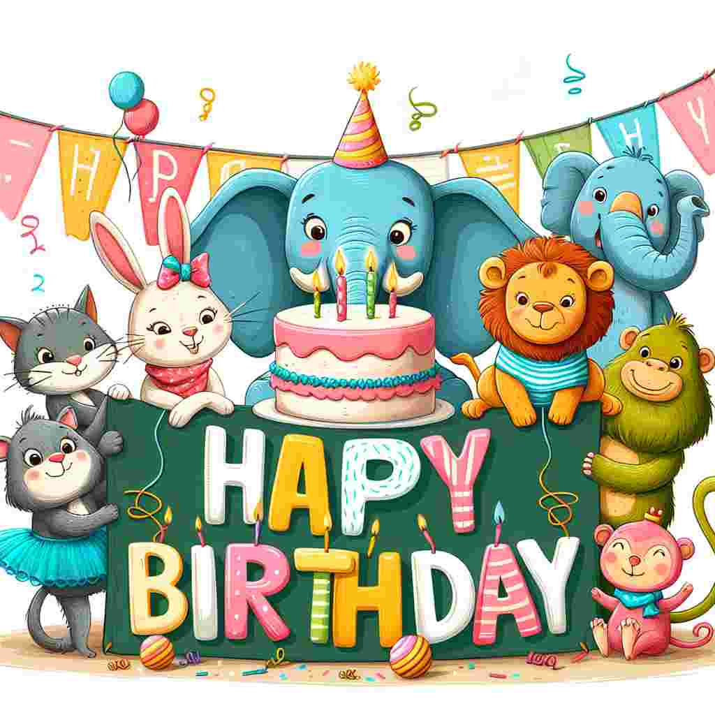 The illustration depicts a joyous scene with smiling animals gathered around a cake. However, an elephant character humorously wears a tutu, which would be considered inappropriately amusing for him. Above the festive gathering, 'Happy Birthday' is written in colorful, bold letters, strung across the top like a banner.
Generated with these themes: inappropriate   for him.
Made with ❤️ by AI.