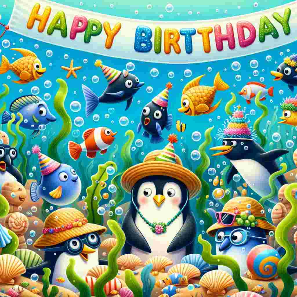 The scene is set underwater with cheerful marine life celebrating with streamers and seashell decorations. An out-of-place penguin, dressed in a sunhat and sunglasses, looks comically bewildered amidst the fish, a light-hearted nod to it being an inappropriate setting for him. The words 'Happy Birthday' float in bubbles around the bemused penguin.
Generated with these themes: inappropriate   for him.
Made with ❤️ by AI.
