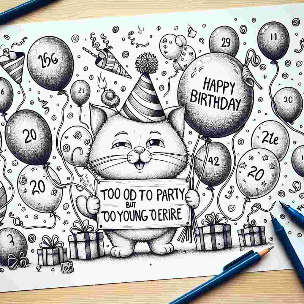 A whimsical drawing features a mischievously grinning cartoon cat wearing a party hat, surrounded by balloons and gifts. However, in stark contrast, the cat holds a sign with a sardonic quip that reads 'Too old to party, but too young to retire.' The 'Happy Birthday' message is playfully integrated into the illustration, with each letter perched atop a different balloon.
Generated with these themes: inappropriate   for him.
Made with ❤️ by AI.