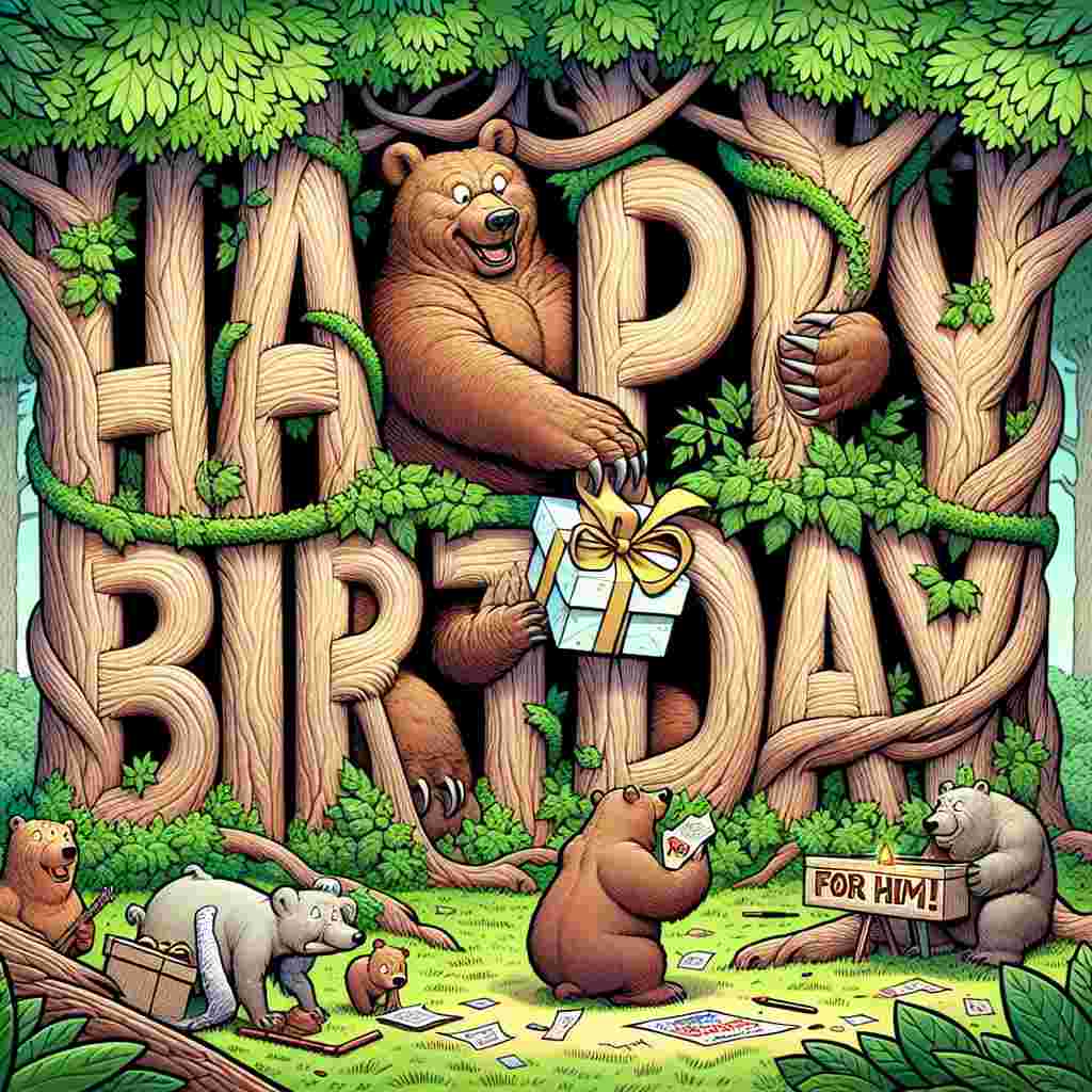 This comic illustration shows a group of forest creatures throwing a surprise birthday party in a woodland setting. A burly bear is depicted attempting to sneak into a too-small gift box, labeled 'For Him,' a humorously unfitting sight. The 'Happy Birthday' greeting is etched onto tree trunks and intertwined with vines.
Generated with these themes: inappropriate   for him.
Made with ❤️ by AI.
