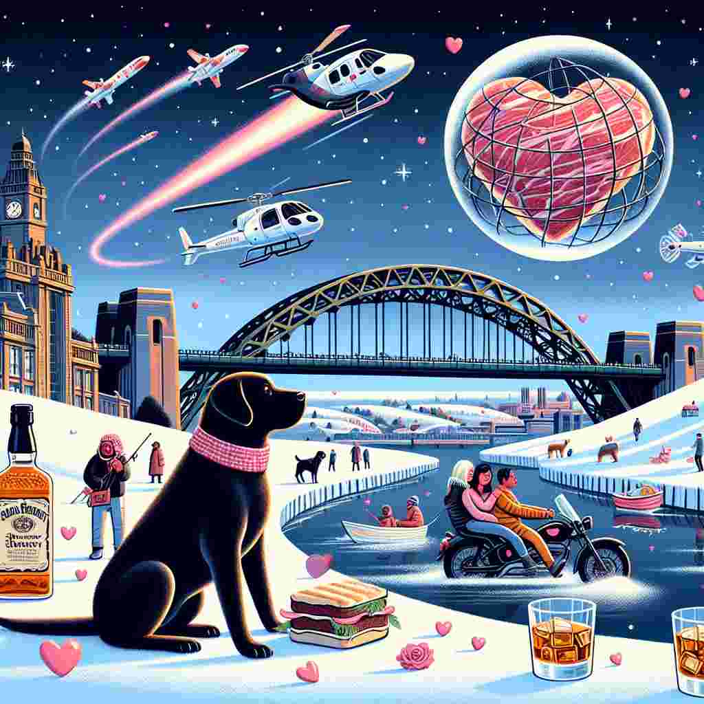 Create a playful illustration to celebrate Valentine's Day that depicts a moonlit panorama, smoothly transitioning from the Tyne Bridge into snow-capped mountains. On one of the mountain peaks, a Black Labrador sits patiently, its adoring gaze fixed upon a spherical interstellar fortress brightly shining heart-shaped light onto the scene. In the foreground, a diverse couple, a Middle-Eastern man and Hispanic woman, ride a speeding motorbike across a frozen river that looks like vanilla ice cream. A helicopter, painted with patterns of steak, drops rose petals from above. Slightly removed from the main scene, there's a whiskey bottle that contains a miniature world with heart-shaped ice cubes making merry sounds.
Generated with these themes: Black Labrador, Tyne bridge, Racing Motorbike, Death star, Whiskey, Vanilla ice cream , Helicopter, Mountains, Snow, and Steak.
Made with ❤️ by AI.