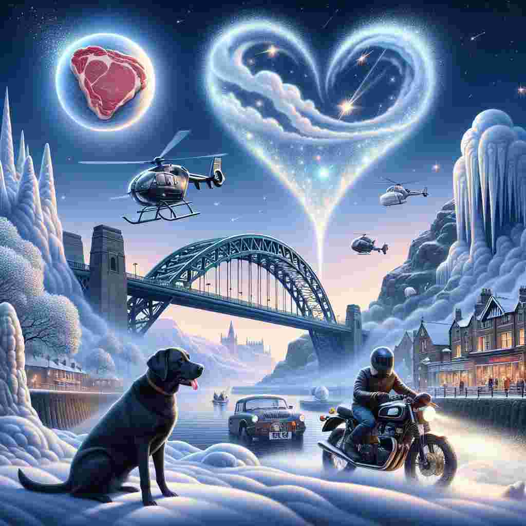A romantic scene unfolds under a soft dream-laden sky on Valentine's Day, peppered with snow flurries against a backdrop of a snug mountain range. An architectural marvel, the Tyne Bridge, elegantly arches over the rugged peaks. A Black Labrador stands side by side with a brilliantly glowing orb resembling a celestial body, both embedded within heart-shaped shafts of light. A speeding motorbike with a license plate depicting a steak races past, churning up freshly fallen snowflakes that sparkle like distant stars. Stalagmites, resembling scoops of vanilla ice cream, dot the frosty landscape, and a free-floating whiskey bottle is seen, seemingly fueling the playful helicopters buzzing in every direction.
Generated with these themes: Black Labrador, Tyne bridge, Racing Motorbike, Death star, Whiskey, Vanilla ice cream , Helicopter, Mountains, Snow, and Steak.
Made with ❤️ by AI.