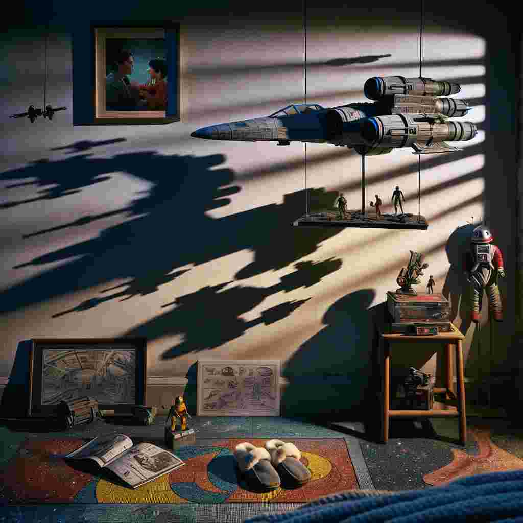 In a dimly illuminated room, a model of a futuristic fighter craft dangles from the rafters, throwing whimsical shadows against the surrounding walls. Beneath this, a shallow shelf hosts an array of space opera memorabilia, which includes a quirky miniature robot and a framed snapshot of an iconic parent-offspring moment, subtly hinting at the importance of familial relationships. Next to a pair of well-loved slippers placed on a mosaic floor mat, suggesting a sense of comfort, is a pile of space-themed comic books set on the nearby side table, poised to be savored and exchanged during precious guardian-child times.
Generated with these themes: Starwars.
Made with ❤️ by AI.