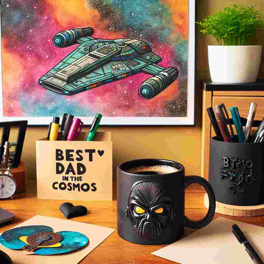 The scene takes place in a warm, welcoming home office. A child's colorful drawing of an interstellar spaceship decorates the wall over a tidy workspace. Nestled on the desk is an ebony mug, styled after a popular villain from a space-fantasy series, filled with hot coffee. Next to it lies a crafted, heart-shaped greeting card labeled 'Best Dad in the Cosmos.' An identical-themed desk organizer containing a collection of writing instruments is also present. Lastly, a small, indoor potted plant brings a touch of freshness to the setting, symbolizing the vibrant family life.
Generated with these themes: Starwars.
Made with ❤️ by AI.