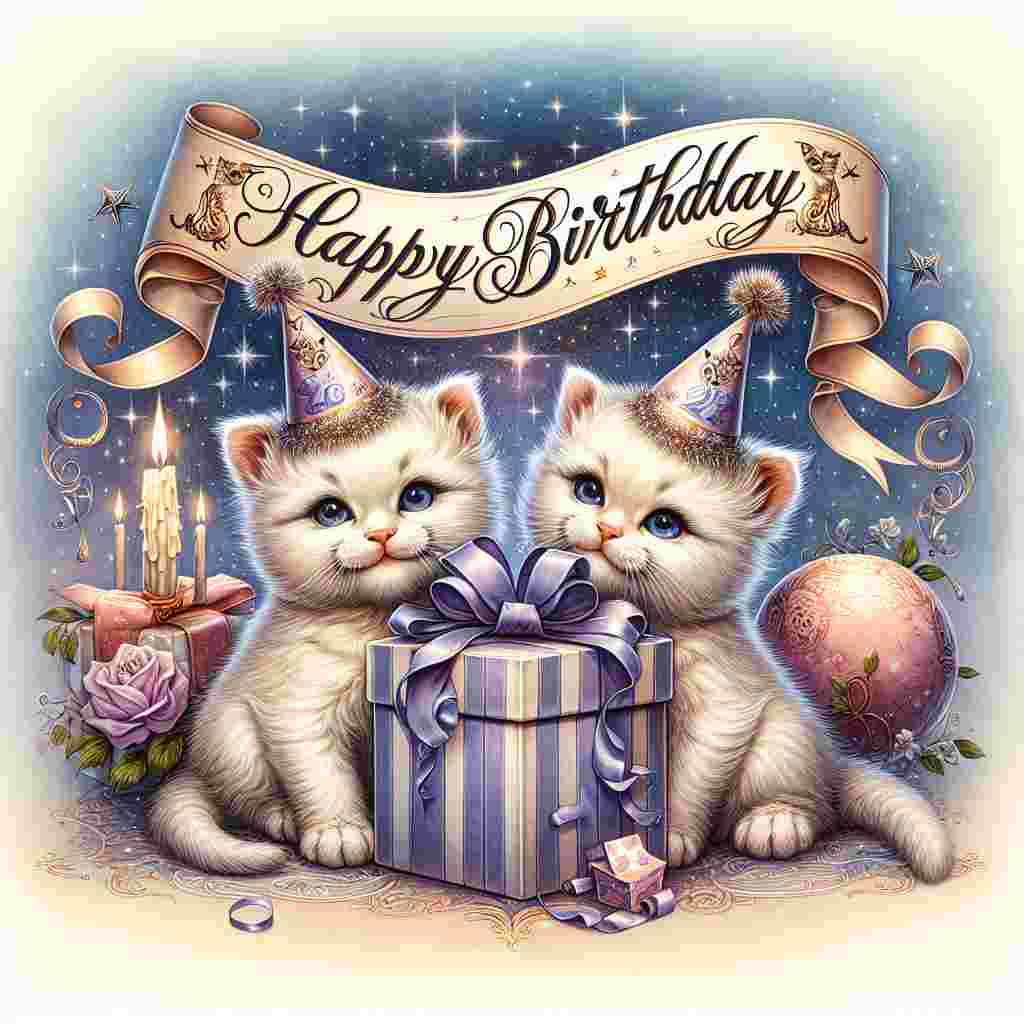 A charming Gemini birthday card with a cute illustration of twin kittens wearing party hats, sitting beside a present. A banner fluttering above them, against a starry background, reads 'Happy Birthday' in graceful cursive.
Generated with these themes: Gemini Birthday Cards.
Made with ❤️ by AI.