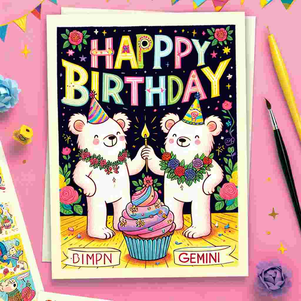 A Gemini birthday card beautifully designed with twin cartoon bears holding a garland of flowers. The scene includes a cupcake with a lit candle and the cheerful greeting 'Happy Birthday' presented in a colorful, fun typeface.
Generated with these themes: Gemini Birthday Cards.
Made with ❤️ by AI.