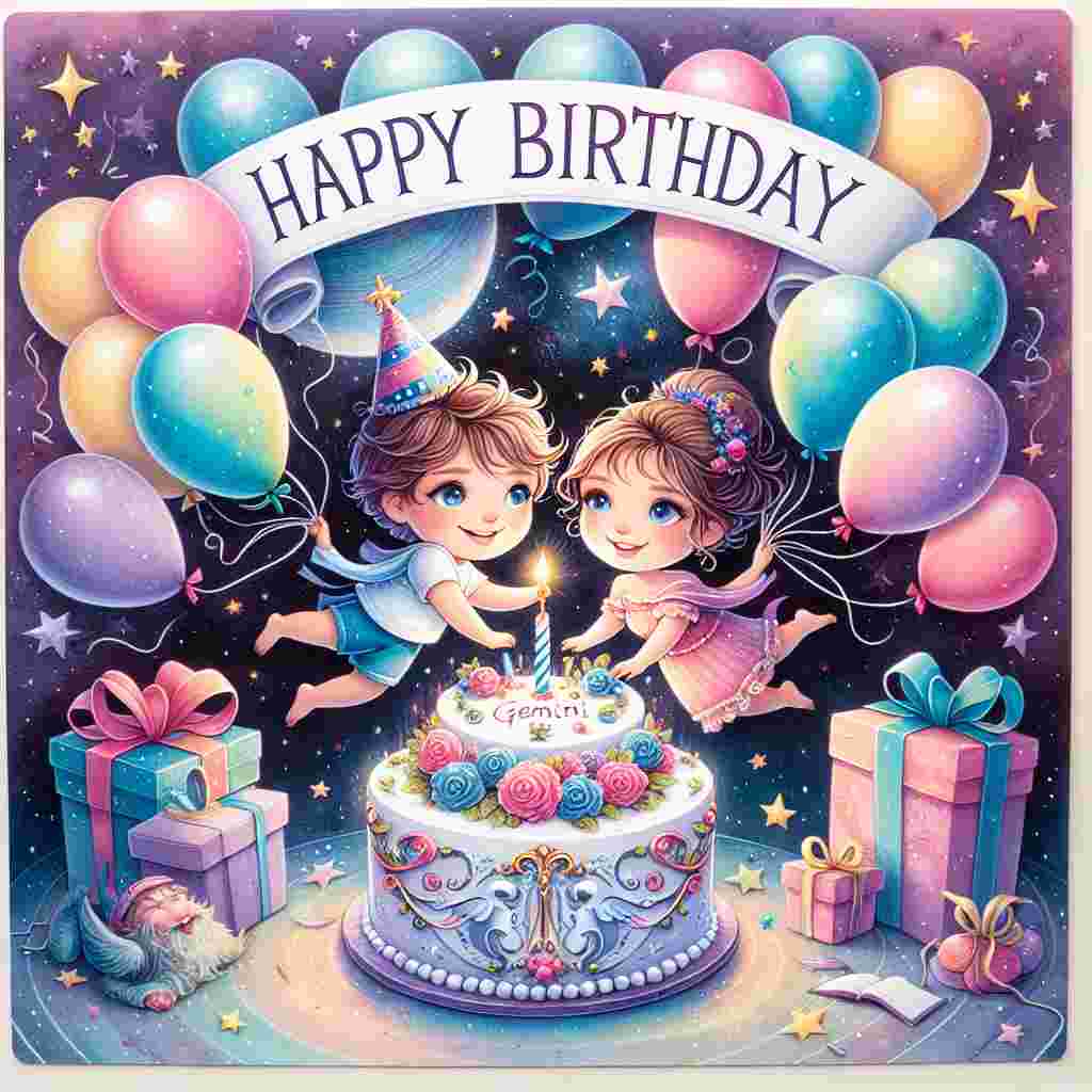 A whimsical Gemini-themed birthday card featuring a pair of adorable twin characters holding balloons, surrounded by a pastel-colored cake and gifts. The words 'Happy Birthday' are written in playful, bold letters atop the scene.
Generated with these themes: Gemini Birthday Cards.
Made with ❤️ by AI.