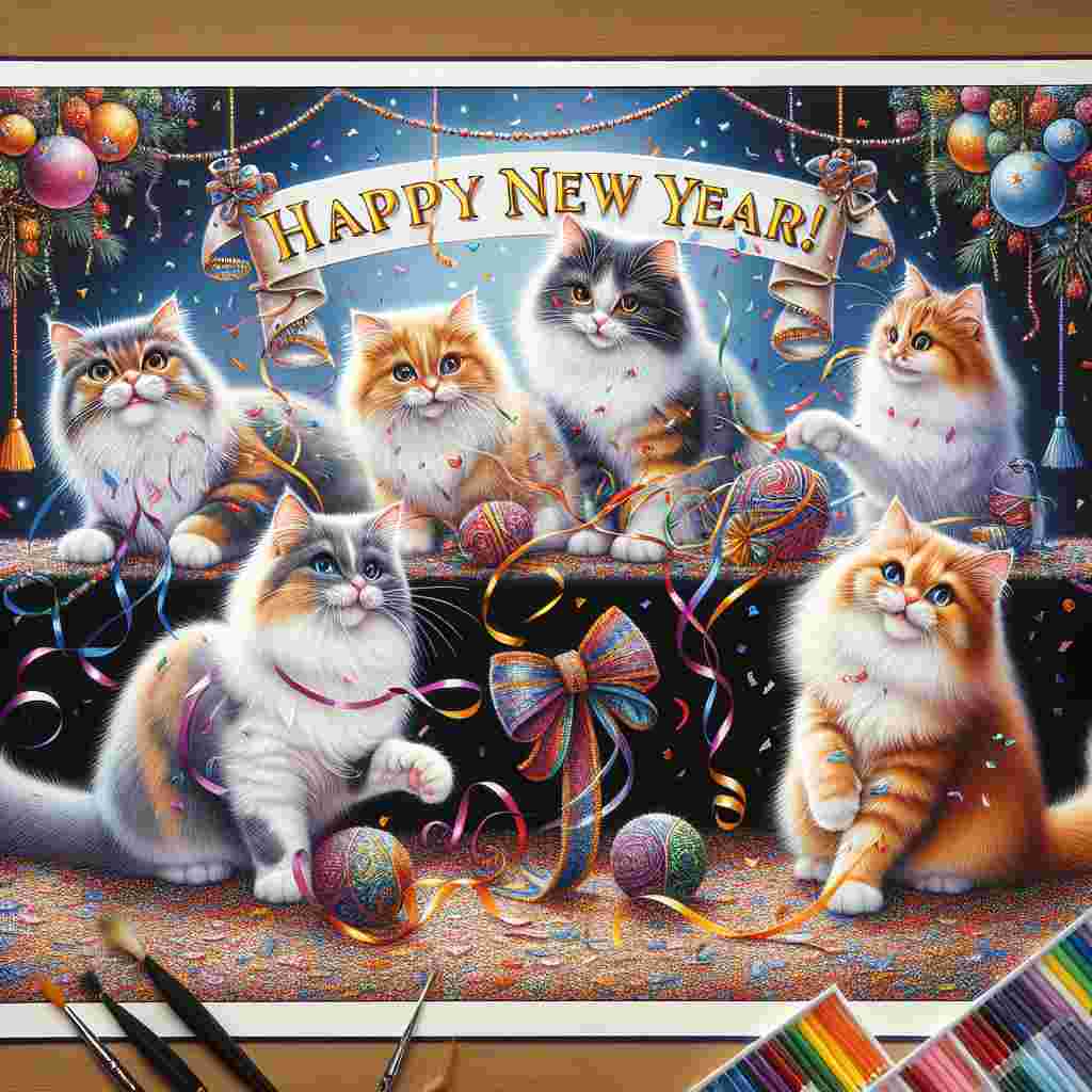 Create an intricate New Year's scene showcasing five charming cats, each exhibiting distinctively colorful fur, engaging in playful banter with holiday adornments. Captivate the floor sprinkled with multi-colored confetti and the cats whimsically swiping at the hanging streamers. Prominently display a banner featuring a hearty 'Happy New Year!' inscription set against the backdrop, encapsulating the promise and merriment associated with the upcoming year.
Generated with these themes: Has 5vcats.
Made with ❤️ by AI.