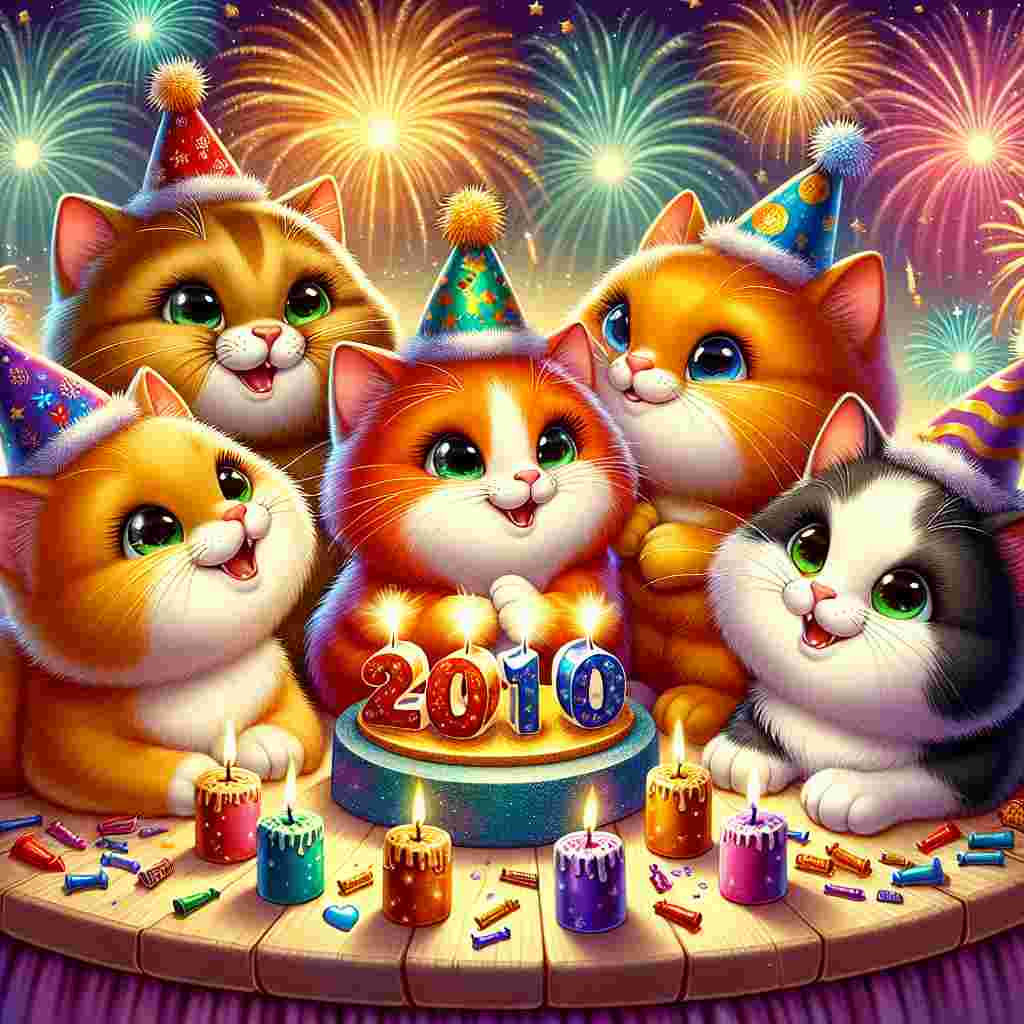 Create a charming and whimsical New Year's themed cartoon scene, where five vibrant cats, of various colors and breeds, gather joyfully. Each cat is adorned with a miniature festive hat, signifying celebration. They enthusiastically surround a glittering display that signifies the change in year number. In the background, fireworks burst in a display of vibrant colors, adding to the cozy yet celebratory atmosphere. The air is filled with anticipation as the cats, and the spectators, prepare to welcome the new year with warmth and excitement.
Generated with these themes: Has 5vcats.
Made with ❤️ by AI.