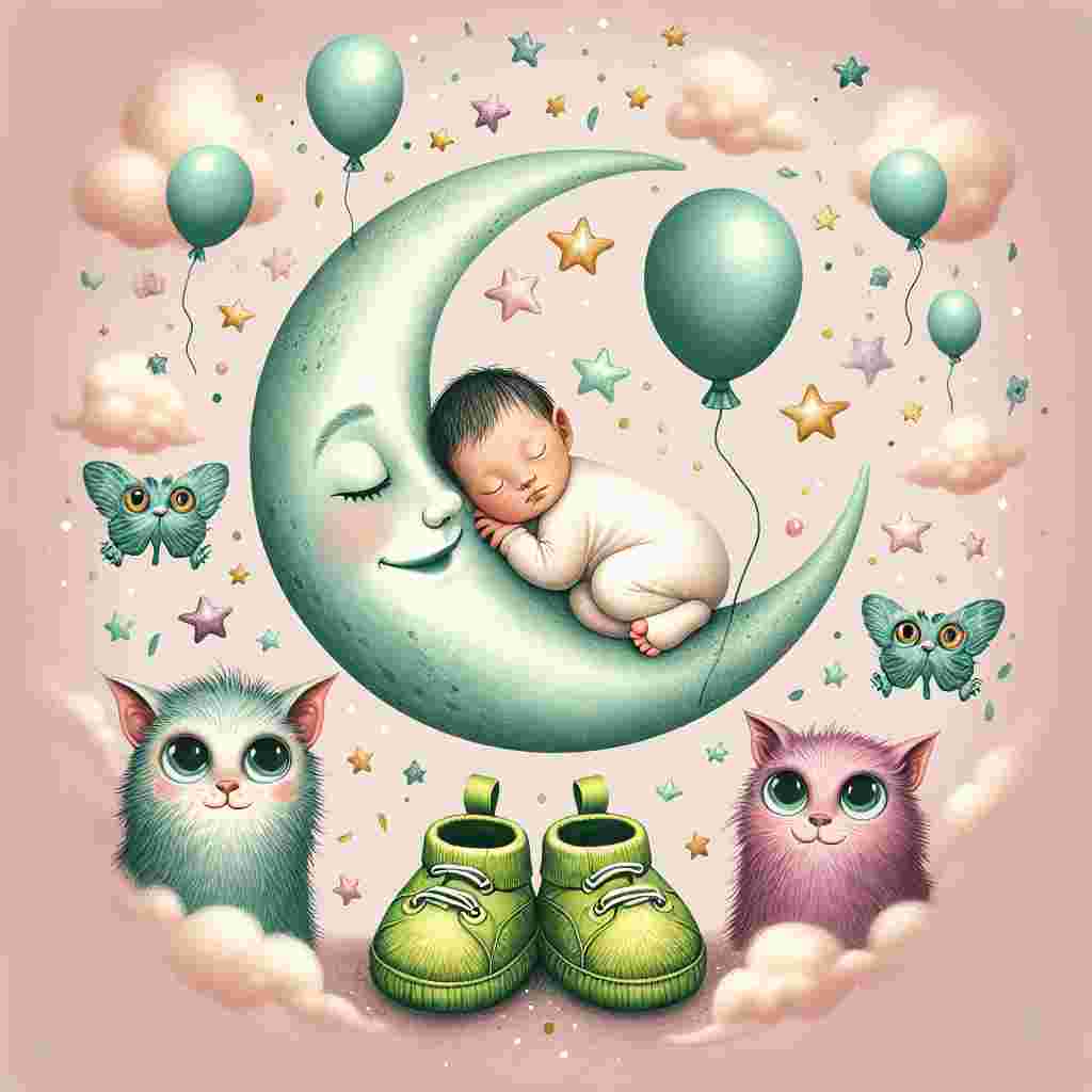 Create a whimsical illustration with a soft pastel backdrop. In the illustration, a sleeping newborn is cradled in the gentle arc of a crescent moon, symbolizing peaceful dreams. Around the moon, playful cats with wide, adoring eyes sport little fantasy ogre ears, acting as playful guardians. At the bottom of the moon, a set of baby-sized bright green comfortable footwear is seen floating amidst scattered stars, symbolizing upcoming comfort and style focused adventures. To signify celebration, the elements of balloons and confetti are softly raining down from above.
Generated with these themes: Cats shrek crocs .
Made with ❤️ by AI.