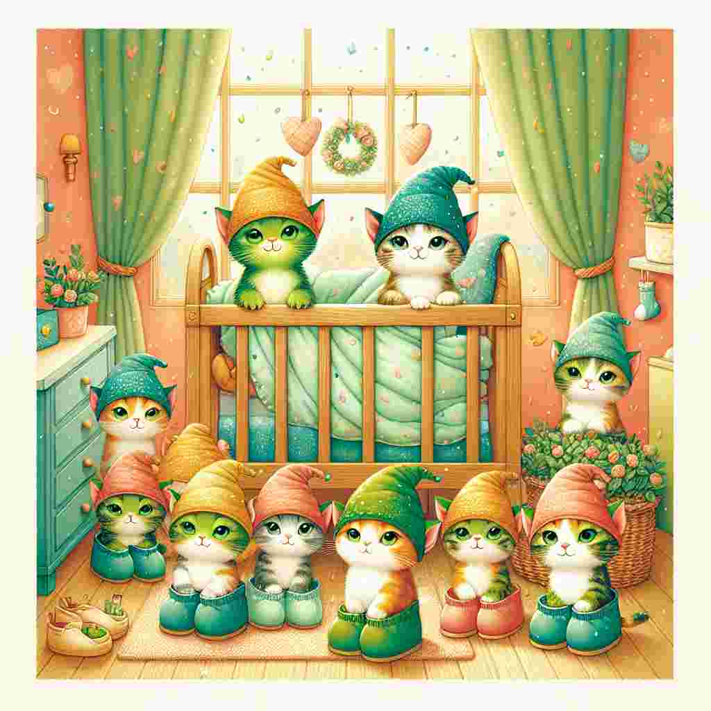 Create an enchanting image of a warm, cozy nursery room filled with inviting colors. At the core of the scene, a joyful congregation of cats can be seen around a crib in the room, sporting miniature green cartoon-like ogre ears. These felines are playfully protected by wearing tiny, comfort shoes that are painted in a festive green color to match their ears, symbolizing a quirky yet tender tribute to comfort and fun. The use of simple lines, soft textures, and a bit of glitter to give the scene a magical quality, celebrating the arrival of a newly born baby.
Generated with these themes: Cats shrek crocs .
Made with ❤️ by AI.