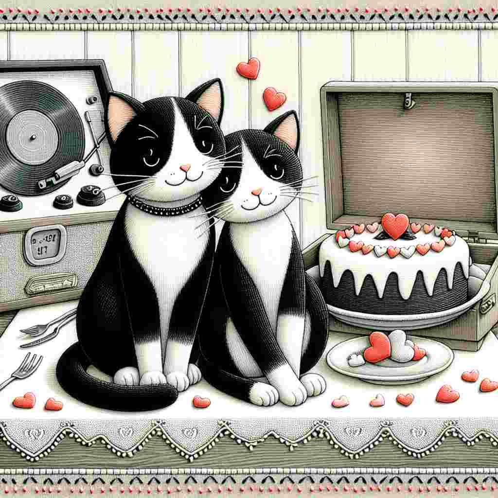 Craft a heartwarming Valentine's Day illustration featuring two black and white, three-legged cats sitting in a cozy embrace. In the background, display a vinyl record player softly filling the room with love songs. The space around them should be festively decorated for Valentine's Day, including a table draped with an intricately embroidered tablecloth. On the table, place a mouth-watering cake garnished with miniature fondant hearts. Add to the warm atmosphere by subtly incorporating stitched heart motifs running along the borders of the image, suggesting a harmonious fusion of themes of love, music, and celebration.
Generated with these themes: 3 legged black and white cats , Vinyl , Cake , and Embroidery.
Made with ❤️ by AI.