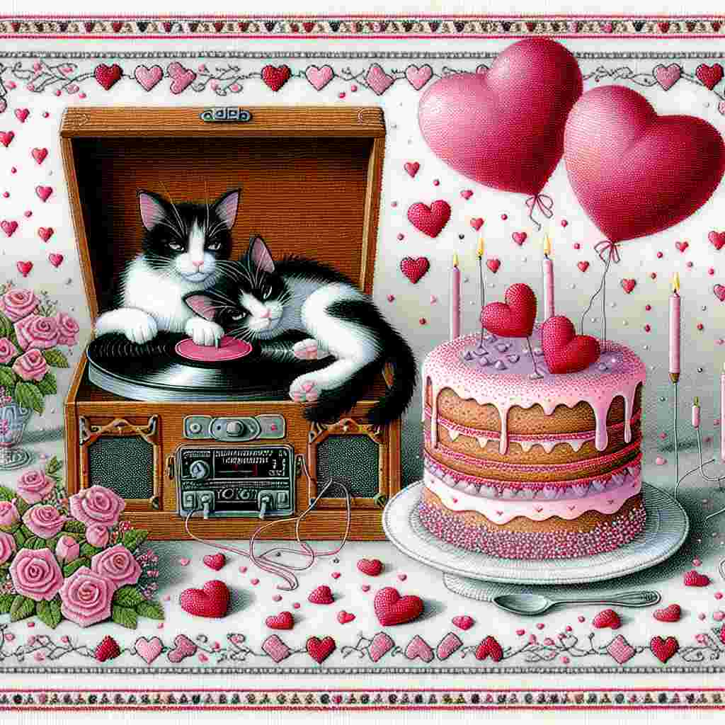 Create a whimsical Valentine's Day scene featuring two adorable three-legged black and white cats cosily curled up next to a vintage vinyl record player. The atmosphere is filled with romance, as heart-shaped balloons casually float around. Adjacent to the feline pair, a delightful double layer cake decorated with pink frosting and sprinkles contributes a sugary element to the tableau. The border of the art piece is adorned with intricate embroidery motifs, ingeniously integrating small hearts and blossoms to accentuate the Valentine's day theme.
Generated with these themes: 3 legged black and white cats , Vinyl , Cake , and Embroidery.
Made with ❤️ by AI.