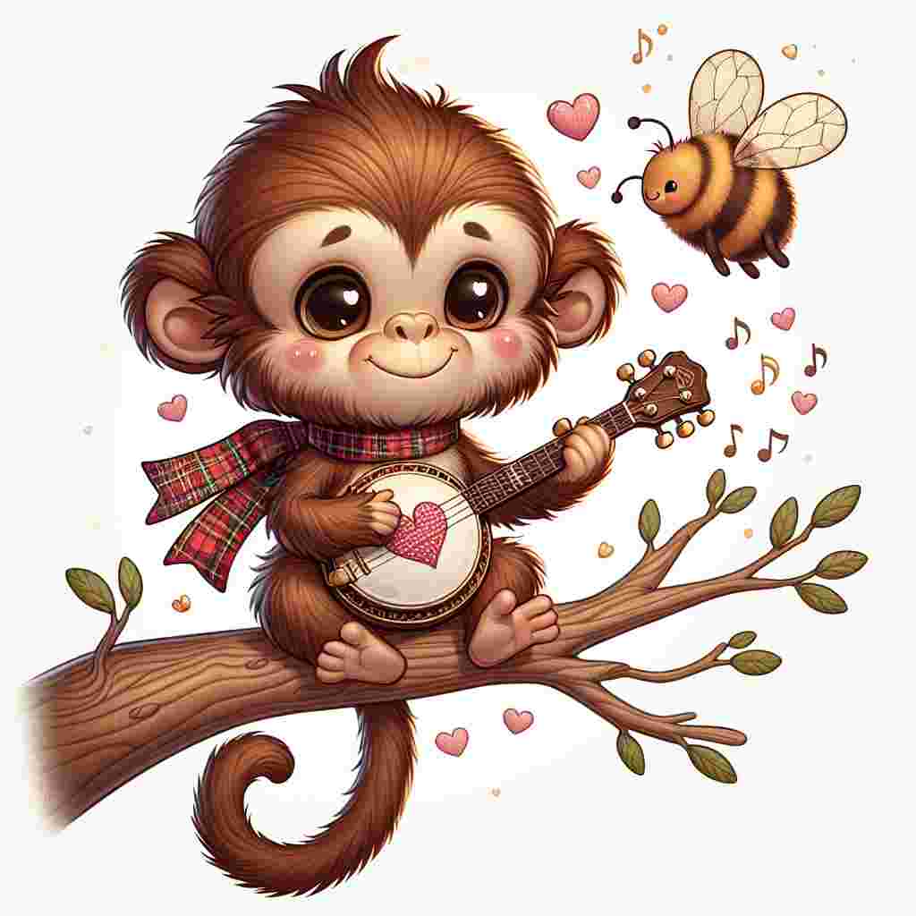 Create an image of a delightful cartoon monkey with soft brown fur. The monkey is perched on a lightly swaying tree branch and is playing a small banjo decorated with a heart-shaped motif. The monkey is wearing a tartan-patterned ribbon around its neck as a tribute to traditional Scottish culture. Enchanted bees are fluttering around the monkey, adding to the whimsical tone of this Valentine's Day scene. There are small hearts floating in the air, which are derived from the musical notes being played by the monkey on its banjo.
Generated with these themes: Monkey, Banjo, and Haggis.
Made with ❤️ by AI.