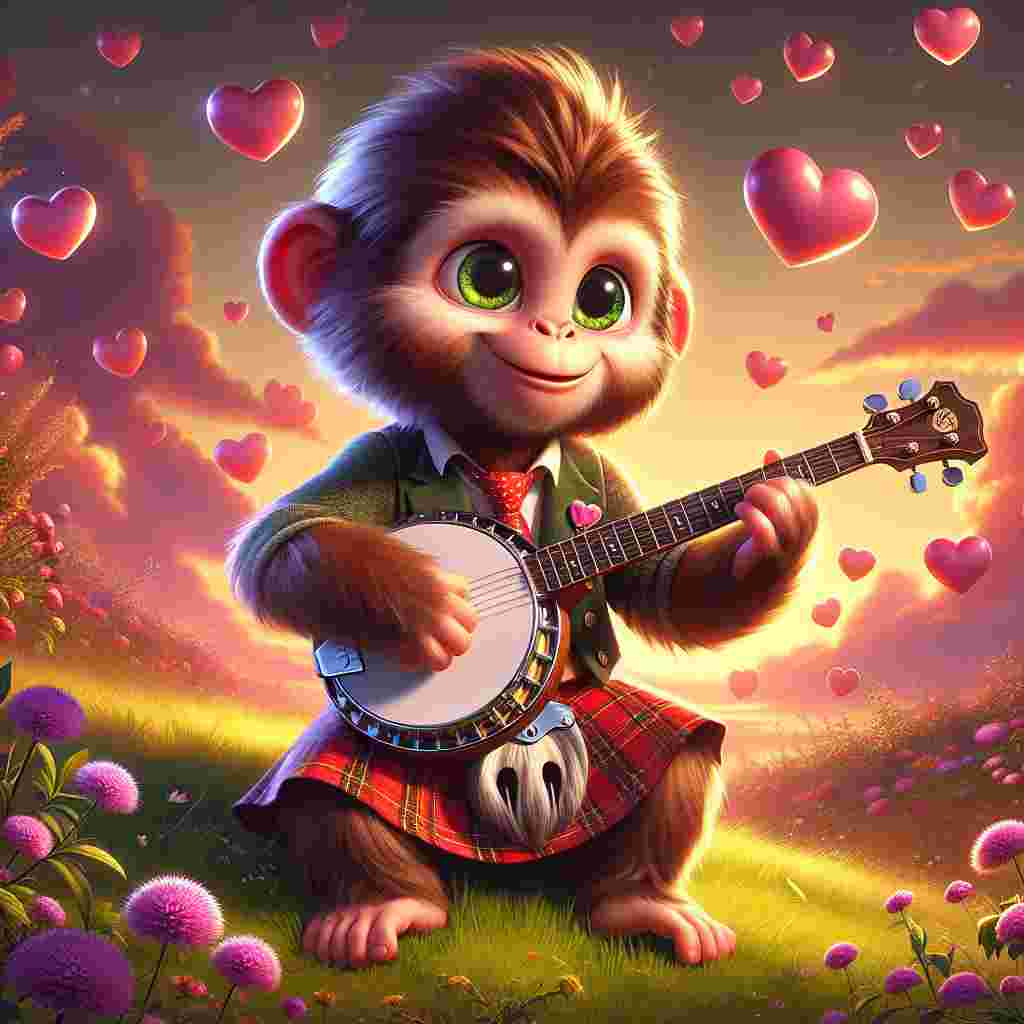 Create an image of a romantic scene, perfect for Valentine's Day. The central character is a charming, bright-eyed cartoon monkey. The monkey, full of character and charm, is holding a banjo with gentle care and wearing a waistcoat inspired by the design of a haggis-engraved kilt. This unique character is seated on a grassy knoll which is beautified with abundant wildflowers. Overhead is an enchanting sky, blushing with an array of rosy hues. With each strum of the banjo, an effusion of heart-shaped musical notes are released into the atmosphere, creating an enchanting ambiance filled with love and merriment that wonderfully encapsulates the jubilant spirit of Valentine's Day.
Generated with these themes: Monkey, Banjo, and Haggis.
Made with ❤️ by AI.