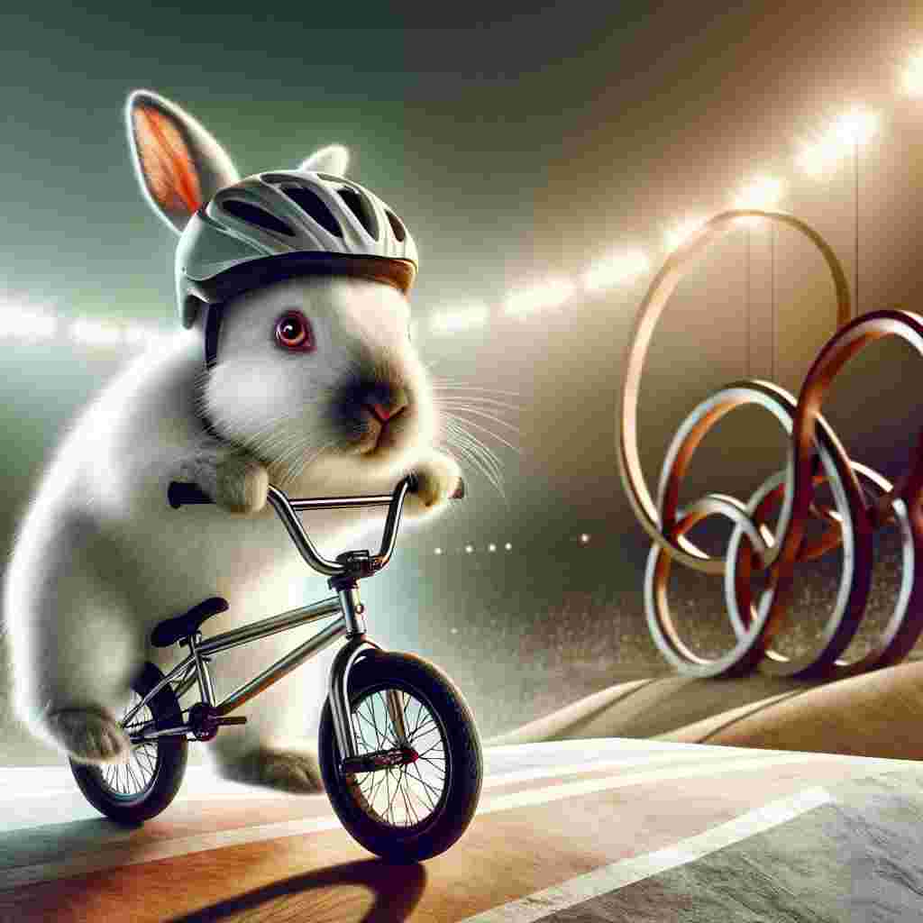 Create a surreal illustration that is a celebration of a remarkable achievement. In the spotlight is a whimsical white rabbit, uniquely identified by its distinctive black nose and piercing red eyes. The rabbit is ready for an adventure, wearing a sturdy cycle helmet and seeming determined about what lies ahead. This rabbit isn't just any ordinary animal - it is seen performing breathtaking tricks on a sleek BMX, its paws firmly gripping the handles. The background of this scene boasts symbolic rings representing a high pinnacle of athletic triumph, reminiscent of a globally recognized sporting event.
Generated with these themes: White rabbit with black nose and red eyes , Wearing cycle helmet, On a bmx , and Olympic games.
Made with ❤️ by AI.