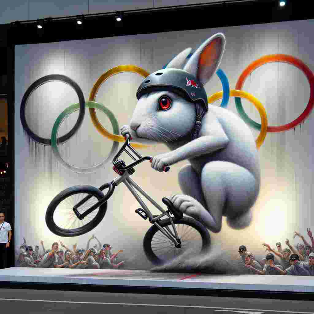 Craft an illusory portrayal of triumph involving a compelling white rabbit distinguished by its black snout and vivid red eyes. The scene celebrates accomplishment, with the rabbit being more than a mere onlooker. The rabbit wears a protective bicycling helmet as it faces the competition head-on a BMX bike, performing deft maneuvers that illustrate the ambitious energy of multisport events. The visualization of emblematic rings in the backdrop adds a majestic aura to the depiction.
Generated with these themes: White rabbit with black nose and red eyes , Wearing cycle helmet, On a bmx , and Olympic games.
Made with ❤️ by AI.