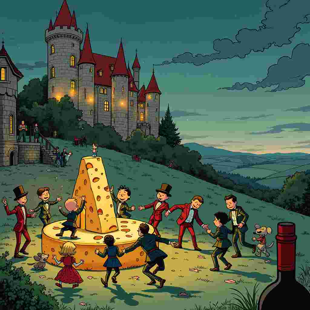 In this whimsical birthday card cover, the scene bursts with lively and humorous details inspired by a medley of beloved artists. Imagine a picturesque medieval castle perched on a rolling hill, its turrets and battlements outlined crisply like in a Hergé's Tintin adventure. The stone walls of the castle are festooned with twinkling fairy lights, reminiscent of Winsor McCay's dreamy "Little Nemo in Slumberland."

In the foreground, a grand ballroom spills onto the lawn, where an opulent birthday party is in full swing. The scene is buzzing with fashionable party-goers. Picture Calvin and Hobbes-style dynamic poses as the characters dance energetically. They are dressed to the nines in haute couture – think exaggerated, flamboyant outfits with playful patterns and bright colors, much like a page out of Osamu Tezuka’s vibrant manga.

Center stage, a group of impeccably dressed, sexy men - chiseled and dapper like R. Crumb’s characters but with a touch of Disney’s charm - are performing an elegant, synchronized dance. They swirl around a massive cheese wheel, which is set up as a quirky, makeshift table, laden with a variety of exotic cheeses.

On one side, Peanuts-like characters, perhaps a small dog and a bird, are trying to sneak a piece of cheese, creating a comical scene reminiscent of Gary Larson’s "The Far Side." A couple of them are caught in mid-motion, with exaggerated surprise expressions that nod to Bill Watterson's humorous flair.

Scattered around the scene are bottles of red wine with elaborate, vintage labels, some comically oversized, evoking the whimsical excess seen in Charles Schulz's work. One bottle, in particular, is humorously tipped over, its contents magically forming a splash that shapes into a musical note, illustrating the joyous atmosphere.

In the backdrop, the castle’s grand windows reveal a cozy, candle-lit interior, with silhouetted couples slow-dancing, reminiscent of Will Eisner’s detailed, atmospheric settings.

The entire scene is filled with action and delightful details, ensuring every inch of the cover is engaging, bursting with humor, charm, and celebration, making it a truly unique birthday greeting card.
Generated with these themes: Red wine, Dancing, Fashion, Sexy men, Castles, and Cheese.
Made with ❤️ by AI.