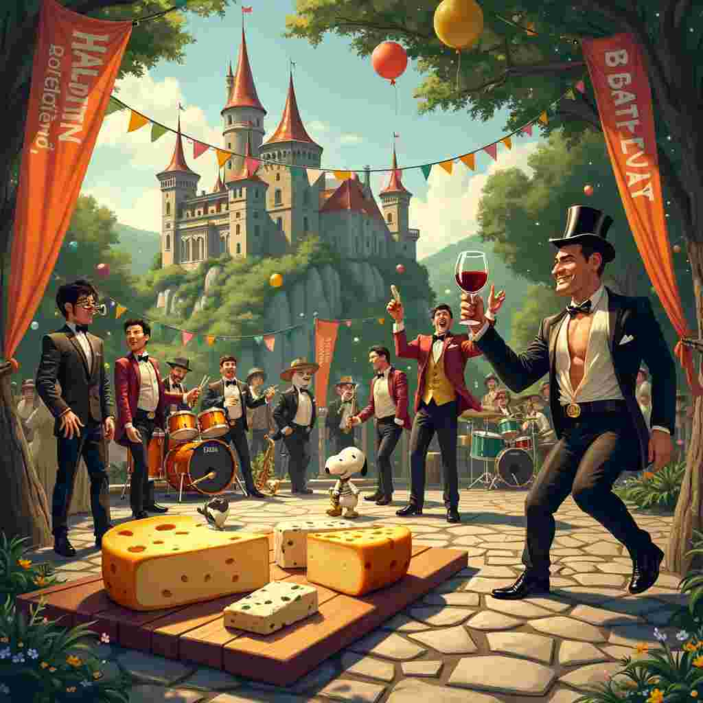 In this bustling, vibrant birthday scene, a grand castle stands majestically in the background, with fairy-tale turrets and flags fluttering in the breeze. The castle is perched on a hill overlooking a lush, green landscape. To the right, there’s a lively dance floor made of polished cobblestone, illuminated by fairy lights strung from ancient oak trees. On the dance floor, a group of dashing, muscular men, each wearing fabulously flamboyant outfits reminiscent of runway fashion, are showing off their dance moves. Some are wearing tight, shiny pants and open shirts that show off chiseled abs, while others sport elegant, tailored suits with playful, extravagant accessories like feathered hats and sparkling bow ties.

In the foreground, there's a whimsical, oversized cheese platter that seems almost magical. It's laden with a variety of cheeses: from Swiss with its iconic holes to creamy Brie and crumbly blue cheese, each piece meticulously detailed and looking deliciously inviting. The cheeses are arranged artfully on a wooden board that’s nearly as big as a table.

To the left, a sophisticated, yet slightly tipsy, anthropomorphic bottle of red wine with a face, arms, and legs is twirling around with a wide smile, as if it’s enjoying the festivities. The wine bottle is wearing a tiny top hat and monocle, and it's holding a filled wine glass that’s sloshing a bit of wine as it dances. Nearby, Snoopy-like characters are wearing little tuxedos, and they’re trying to emulate the wine bottle’s dance moves with hilarious, exaggerated clumsiness.

In the background, a jazz band composed of a mix of animals and humans, a nod to Tezuka’s imaginative style, is playing lively music, with a saxophone-playing bear, a drum-beating cat, and a stylish, trumpet-playing man in a zoot suit. Banners and balloons in bright colors hang from the castle walls, with “Happy Birthday!” emblazoned in large, festive letters.

Every element is filled with humorous detail and vibrant action, capturing a storybook-like scene that blends the whimsy of Disney, the humor of Schulz, and the intricate detailing of Hergé. The overall composition is both fantastical and celebratory, a perfect setting for a unique birthday celebration.
Generated with these themes: Red wine, Dancing, Fashion, Sexy men, Castles, and Cheese.
Made with ❤️ by AI.