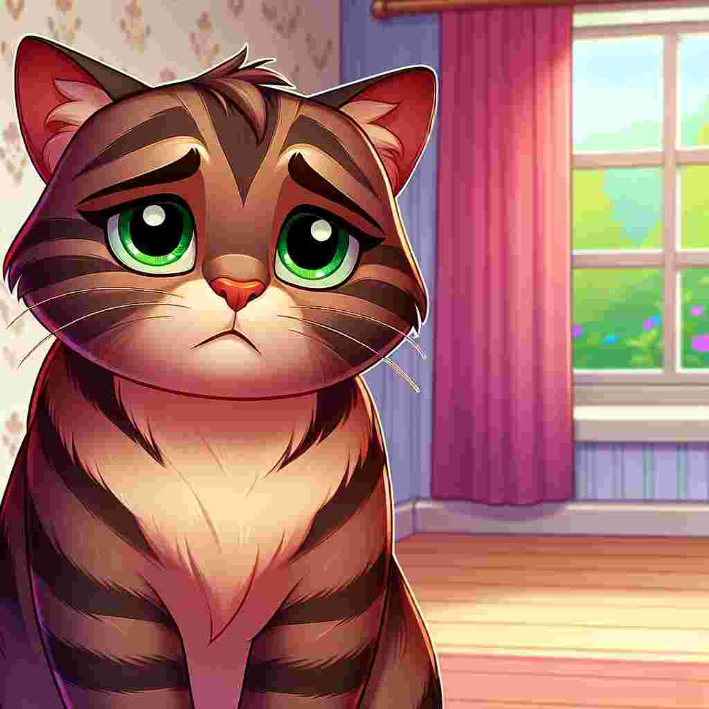 In a lively cartoon setting, a captivating adult cat with a standard physique and deep brown tabby fur captures hearts with its subtle expression of apology. The cat's fur is drawn carefully, with stripes of darker shades emphasizing its compact build. Its vivid green eyes are semi-closed, communicating a sincere sentiment of regret concurrent with the silent scenery.
.
Made with ❤️ by AI.