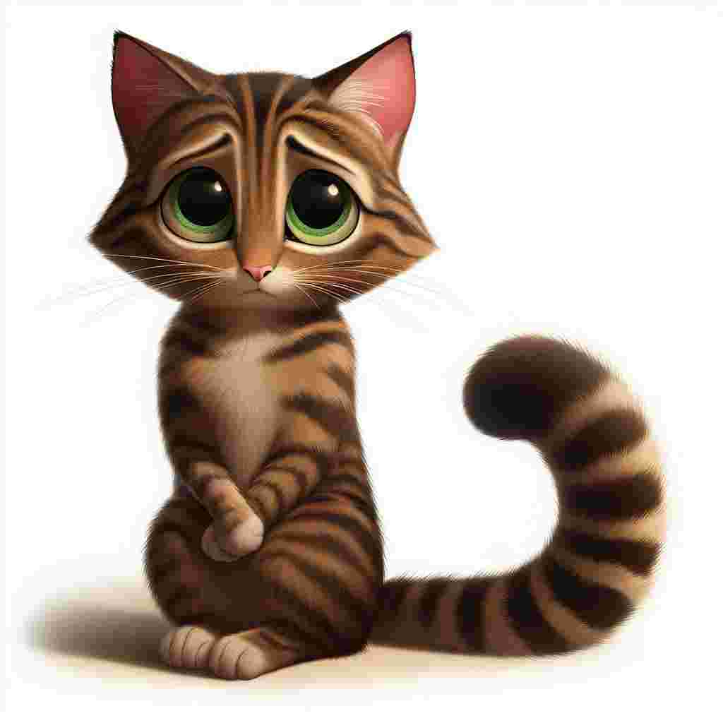 Visualize a whimsical scene featuring an anthropomorphized cartoon cat. The cat, given an aura of innocence, is an adult with a brown tabby coat decorated with prominent dark stripes. It is seated, its tail gracefully curled around its paws. The cat's wide, expressive green eyes are filled with remorse, instilling a silent apology. The cat, although silent, conveys a deep sense of regret through its fervent gaze and quiet demeanor, adding to the overall rich narrative of the image.
.
Made with ❤️ by AI.
