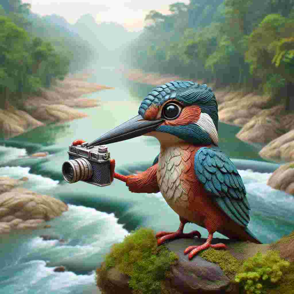 In this splendid portrayal, a fanciful kingfisher grasps a tiny camera, expressing gratitude towards the serene river flowing alongside it. The bird's sharp look, combined with the gentle undulations on the water's surface, mirrors a deep appreciation for its beautiful surroundings.
Generated with these themes: Camera kingfisher river.
Made with ❤️ by AI.