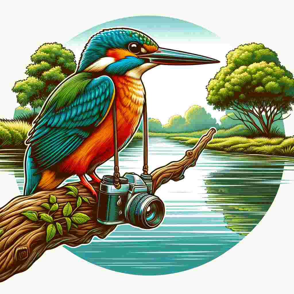 Create a detailed and charming illustration of a kingfisher with a camera tied around its neck. This vibrant bird is perched on an outgrown tree branch near a calm, gentle flowing river. Its bright and colorful plumage stands out in contrast to the serene backdrop of the lush green surroundings, symbolizing a deep appreciation and gratitude for the natural world. The bird appears to be capturing the exquisite beauty encapsulated within its habitat, which adds a sense of purity and tranquility to the scene.
Generated with these themes: Camera kingfisher river.
Made with ❤️ by AI.