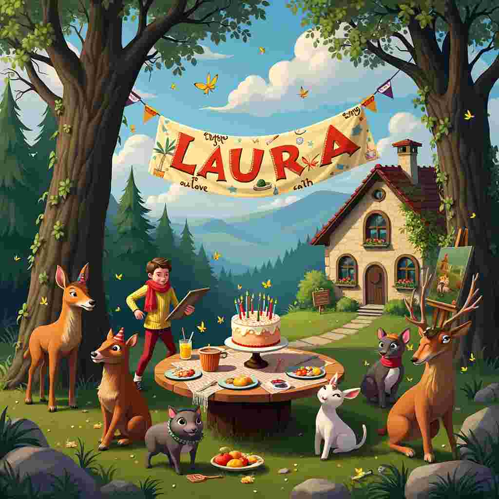 In a whimsical, lush woodland setting near the picturesque town of Como, we find Laura's charming little house perched on a hill, surrounded by dense woods filled with vibrant trees and playful wildlife. At the base of the hill, a joyful scene unfolds as Laura, an artist, celebrates her birthday with her eclectic family. Luigi, wearing a bright red scarf, is busily hanging a large, colorful "Happy Birthday Laura!" banner between two tall, ancient oak trees. The banner flutters gently in the breeze, the letters adorned with playful illustrations of brushes, paint tubes, and art palettes. Lario the dog, a scruffy yet lovable mutt, excitedly runs around with a party hat tilted askew, chasing after Ruth the cat, who lounges nonchalantly on a moss-covered rock with an artist's beret on her head.

In the foreground, a round wooden table is set up, festooned with a patterned tablecloth and laden with a delicious spread. There is a beautifully decorated birthday cake with "Laura" written in elegant icing, surrounded by paintbrushes and colorful sprinkles. To the side, there are bowls of fruit, glasses of sparkling lemonade, and an assortment of rustic, hand-painted pottery. 

Around the table, a gathering of local woodland animals join in the festivities. Deer with delicate antlers and wild boars with gentle expressions mingle among the guests, wearing party hats and ribbons. One deer even holds a paintbrush in its mouth, a nod to Laura’s artistic talents. Overhead, in the bright blue sky, fluffy clouds subtly form the letters of Laura’s name, as if the heavens themselves are wishing her a happy birthday. 

The house itself is quaint and cozy, with ivy climbing up its stone walls and smoke lazily drifting out of the chimney. A nearby easel holds one of Laura’s latest paintings, capturing the idyllic scene of the woods and her beloved home. Butterflies flutter around, adding a touch of magic to this delightful, celebratory scene.
Generated with these themes: she lives in Como in a little house on a hill surrounded by woods. In the woods there are deer and wild boar. She lives there with Luigi, Lario the dog and Ruth the cat. She is an artist. .
Made with ❤️ by AI.