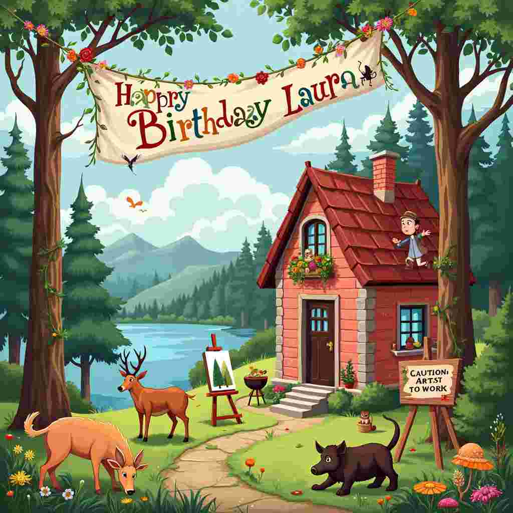 The front cover of the birthday greeting card is a whimsical and detailed scene set in a lush woodland environment near Como. In the center of the illustration stands a charming little house perched on a picturesque hill, partially hidden by a cluster of tall, leafy trees. The house, painted in rustic reds and browns, features an artist's easel set up on the front porch with paint splatters on the ground and an unfinished canvas depicting the woods.

To the left of the house, a majestic deer with antlers adorned with garlands of flowers grazes peacefully, while to the right, a comical wild boar rummages through a basket of brightly colored vegetables. Nearby, Luigi, a jovial man with a twinkle in his eye, is barbecuing and waving at the viewer. Lario the dog, a cheerful golden retriever, is playfully chasing his tail next to a wooden signpost that humorously reads "Caution: Artist at Work." Ruth the cat, with a sophisticated air, sits regally on the porch railing, her tail swishing.

Above the house, a large, vibrant birthday banner is strung between two towering pine trees, with the words "Happy Birthday Laura!" painted in bold, colorful letters. The letters appear to be crafted from vines and flowers, giving a magical, nature-inspired feel. In the sky, fluffy white clouds take on the subtle shapes of paintbrushes and palettes, hinting at Laura's artistic spirit.

In the background, a serene lake glistens, its waters reflecting the dense greenery of the surrounding woods. The trees are dotted with woodland creatures peeking out—squirrels, birds, and a curious owl perched high on a branch. The forest floor is blanketed with wildflowers and mushrooms, adding splashes of color to the scene.

Overall, the scene is brimming with life and detail, capturing a day of celebration in Laura’s artistic woodland haven.
Generated with these themes: she lives in Como in a little house on a hill surrounded by woods. In the woods there are deer and wild boar. She lives there with Luigi, Lario the dog and Ruth the cat. She is an artist. .
Made with ❤️ by AI.